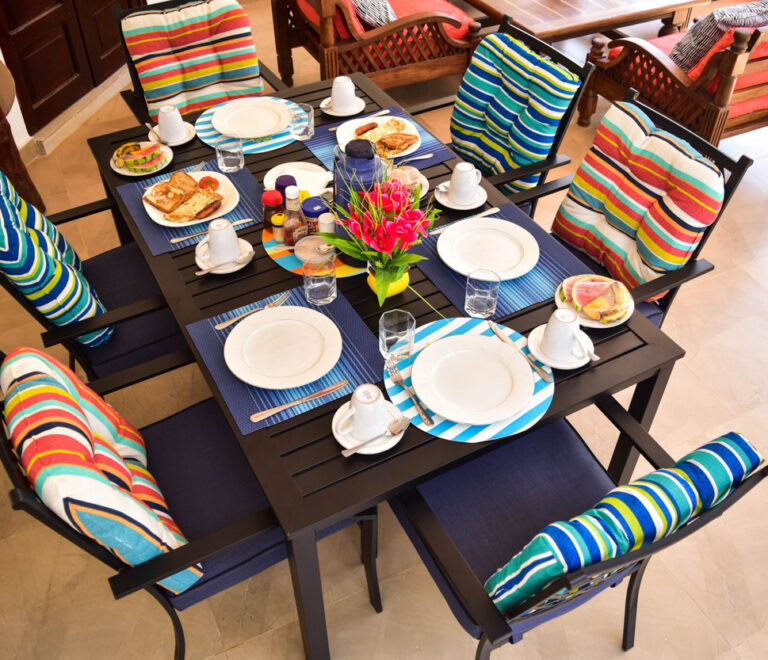Breakfast set up on the table at Tahira Villa Diani.